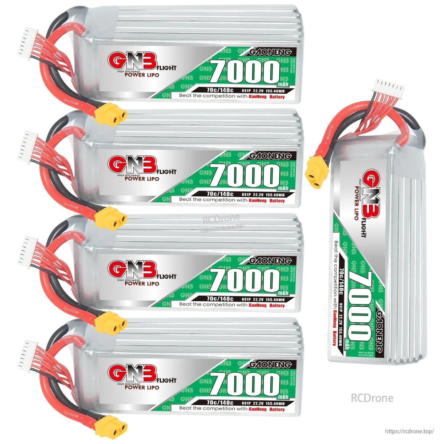 Bundle image: four horizontal GNB 7000mAh LiPo batteries plus one upright battery