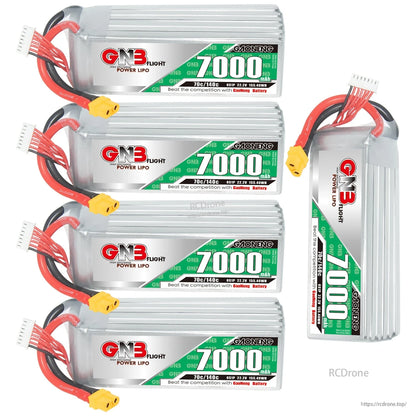Bundle image: four horizontal GNB 7000mAh LiPo batteries plus one upright battery