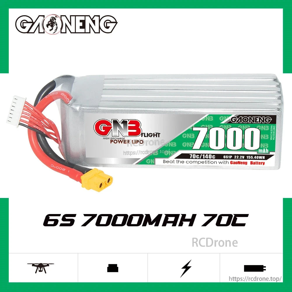 GAONENG GNB 6S 7000mAh 70C LiPo battery graphic, side view with rating text