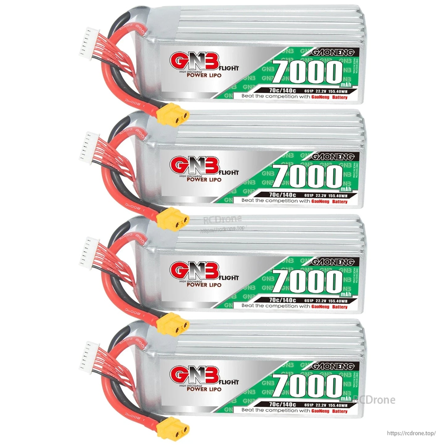 Four GNB 7000mAh LiPo batteries stacked in a column with XT60 connectors visible