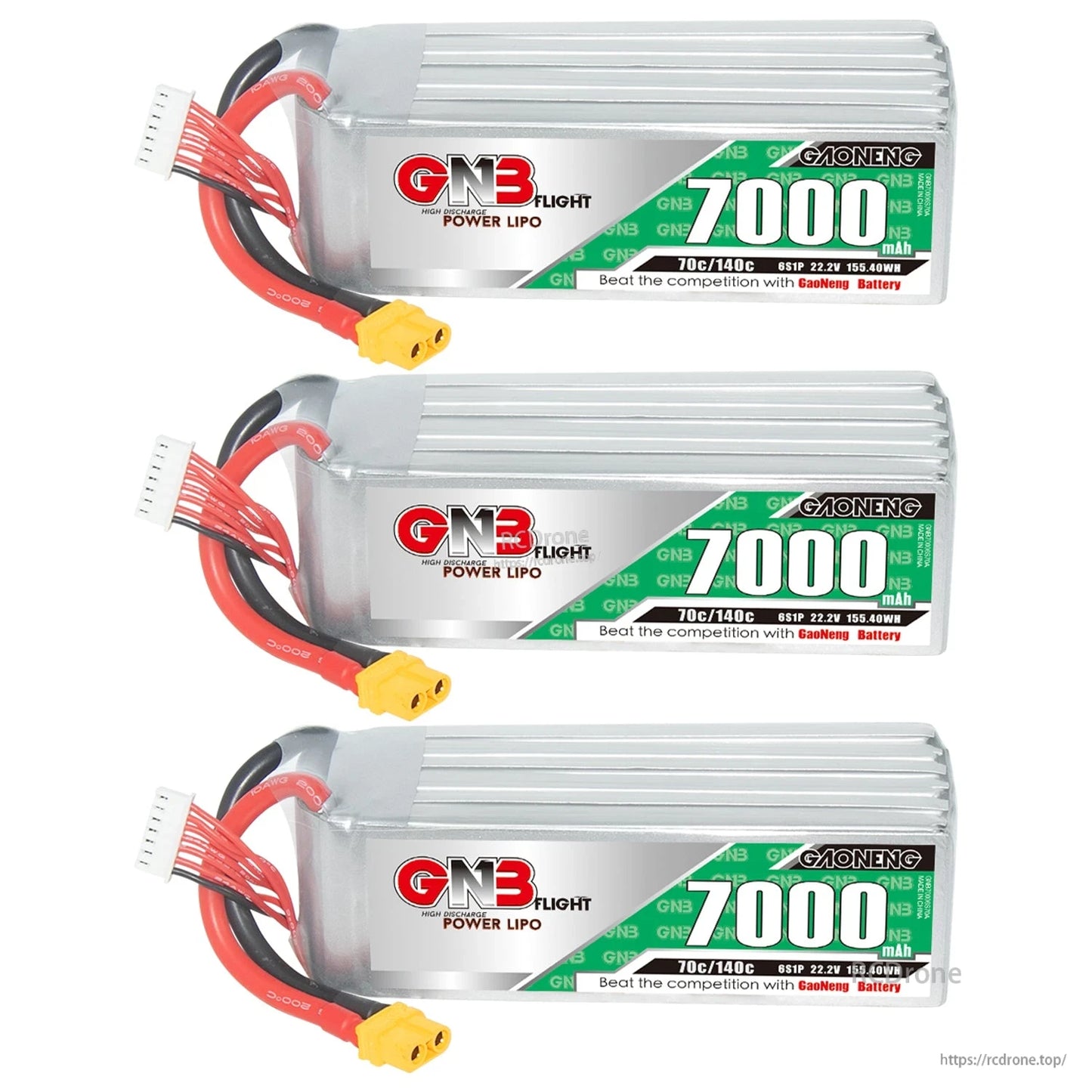 Three GNB 7000mAh LiPo batteries stacked horizontally, each with XT60 connector