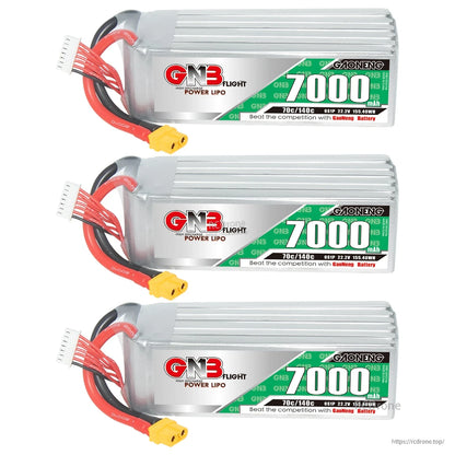 Three GNB 7000mAh LiPo batteries stacked horizontally, each with XT60 connector