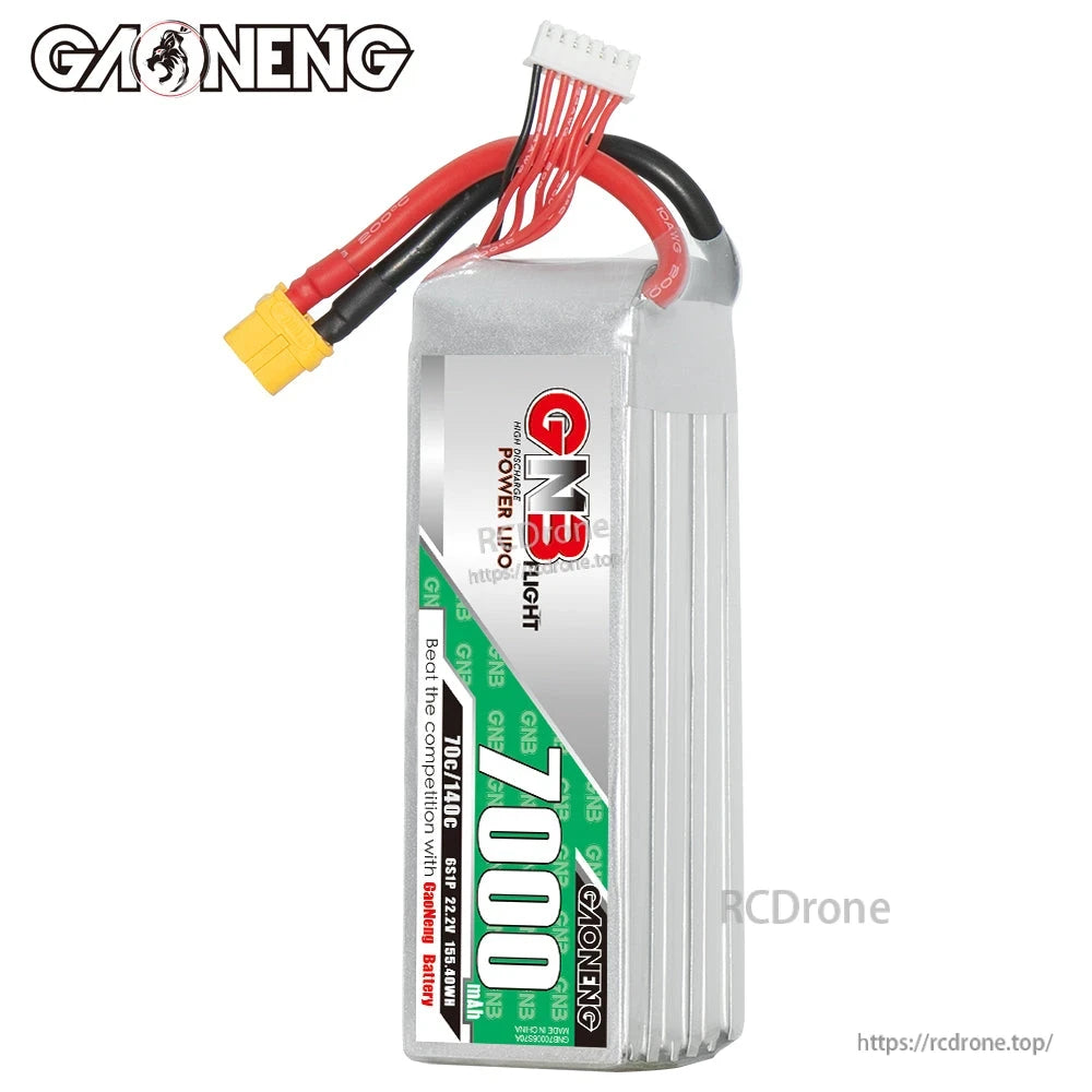 Upright front view of GNB 7000mAh LiPo battery with label and balance lead