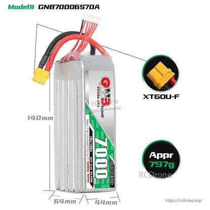 Battery dimensions diagram with XT60U-F connector close-up and approx 797g weight note