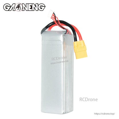 Rear side of GAONENG GNB battery showing silver shrink wrap and balance lead