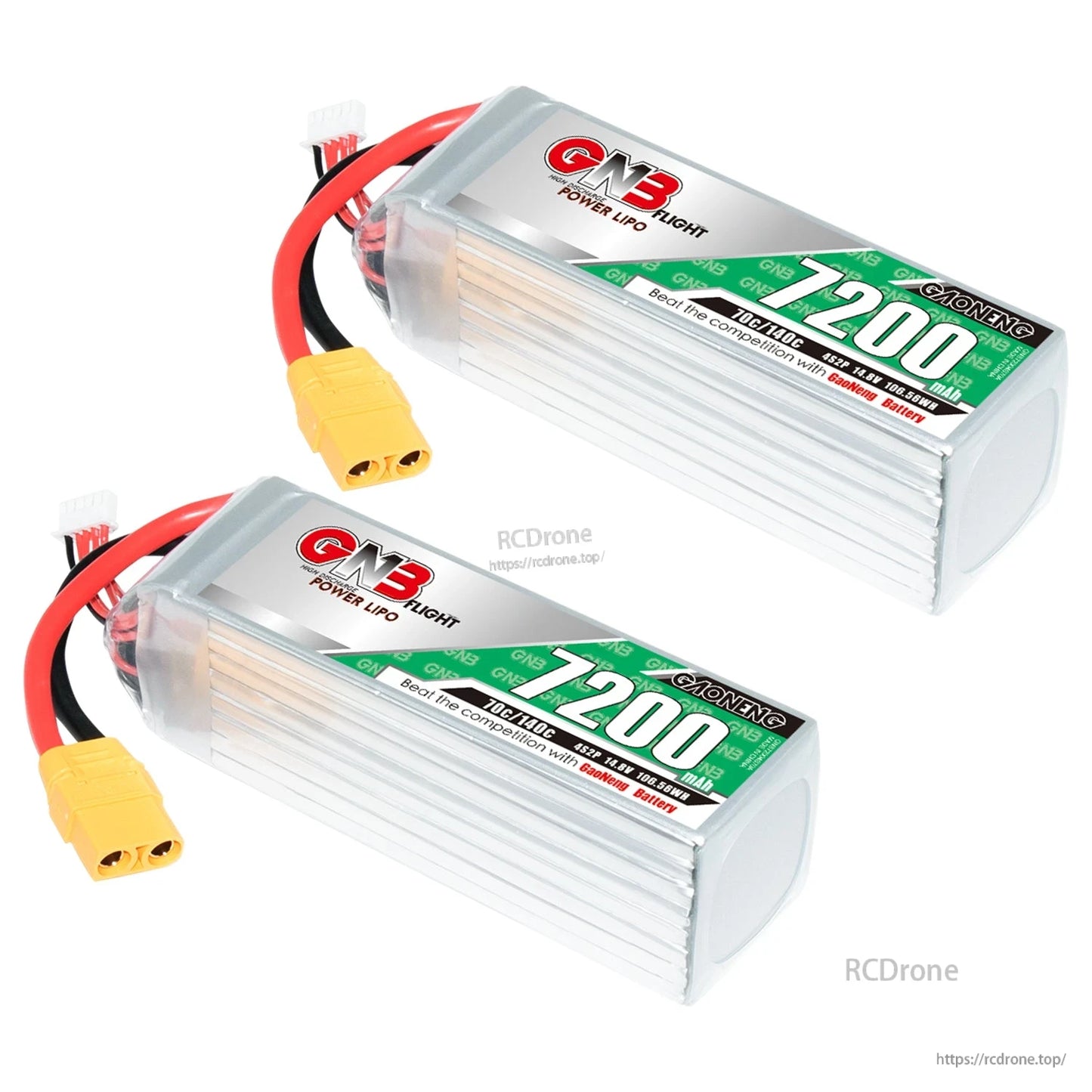 Two GNB 7200 battery packs shown at an angle with XT90 connectors and wiring