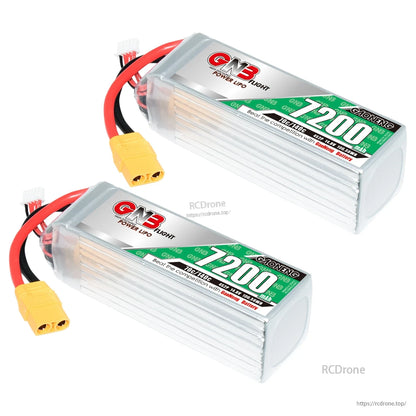 Two GNB 7200 battery packs shown at an angle with XT90 connectors and wiring