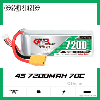 GNB72004S70A 4S 14.8V 7200mAh 70C LiPo battery with XT90 plug, spec graphic