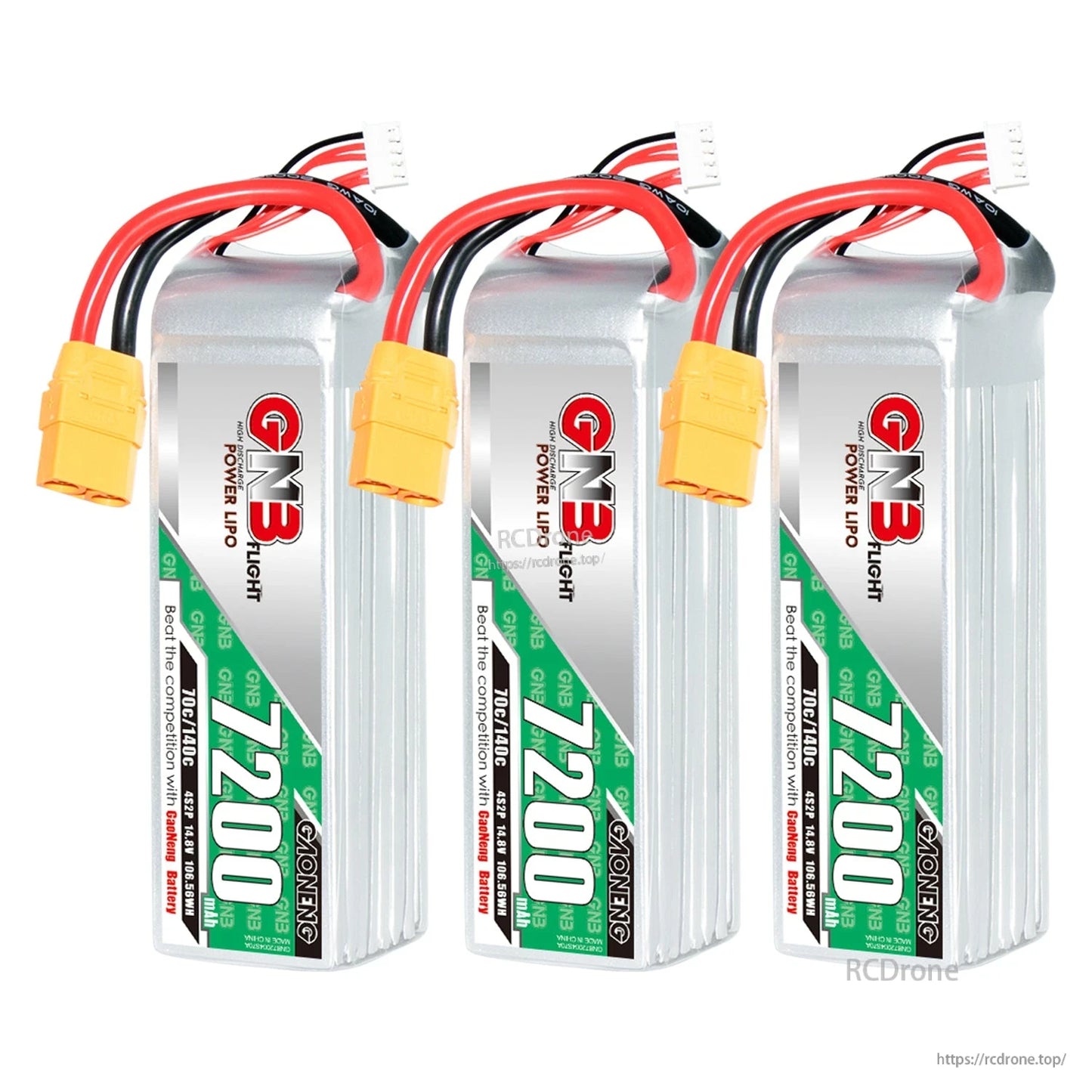 Three GAONENG GNB 7200 batteries standing upright, front labels and XT90 plugs visible