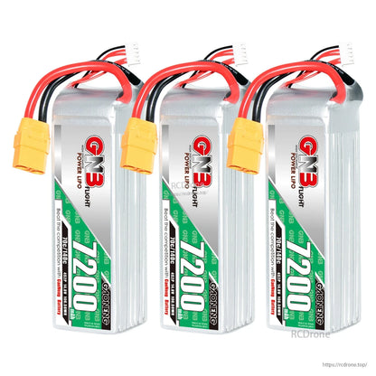 Three GAONENG GNB 7200 batteries standing upright, front labels and XT90 plugs visible