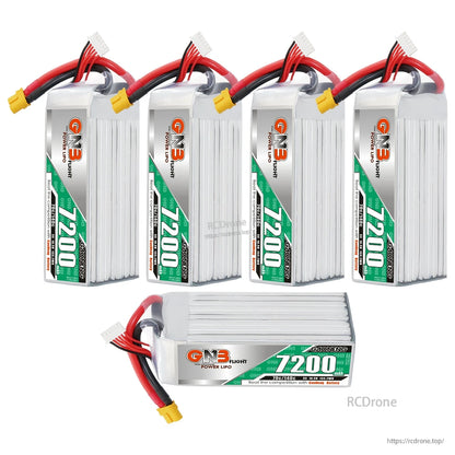 Five GNB 7200mAh LiPo batteries shown (four upright, one horizontal) with XT60 connectors