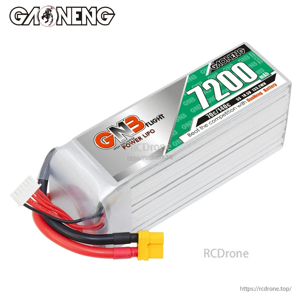 Angled view of GAONENG GNB 7200 LiPo battery with top label, XT60 lead and balance plug