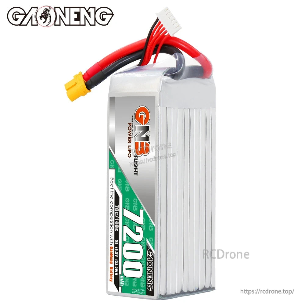 Upright side view of GNB 7200 LiPo battery showing ribbed case, wires, XT60 plug