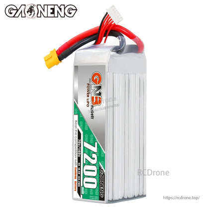Upright side view of GNB 7200 LiPo battery showing ribbed case, wires, XT60 plug