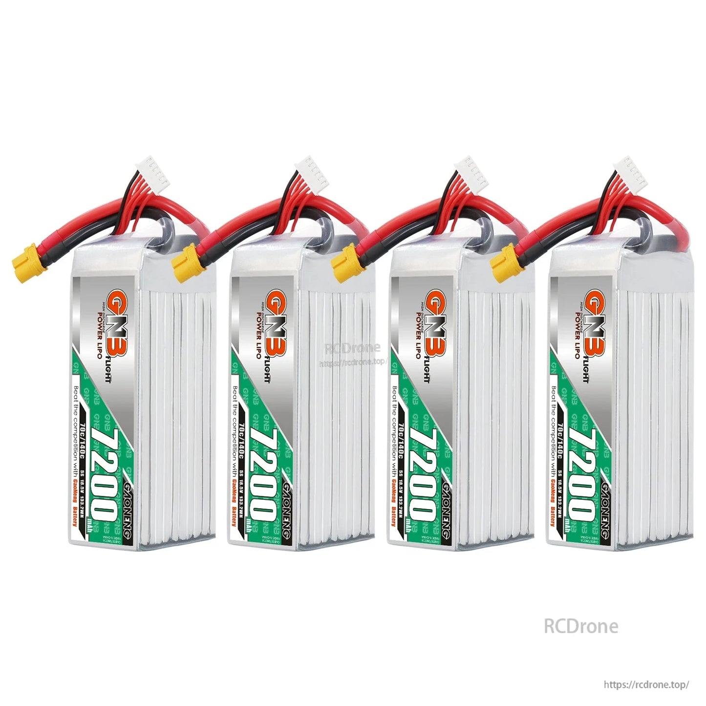 Four GNB 7200mAh LiPo battery packs shown upright, each with XT60 plug and balance lead