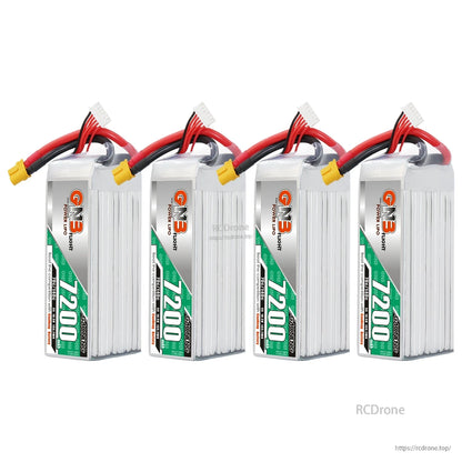 Four GNB 7200mAh LiPo battery packs shown upright, each with XT60 plug and balance lead