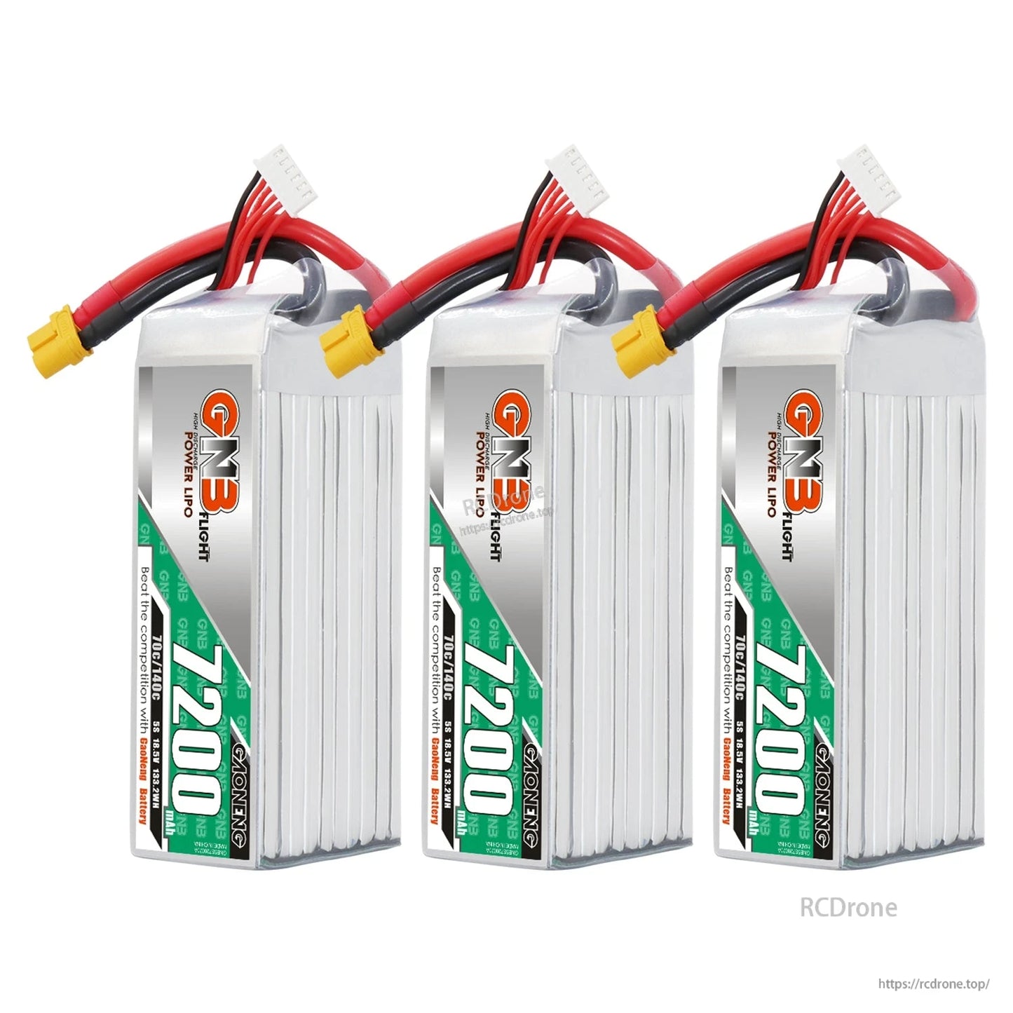 Three GNB 7200mAh LiPo batteries shown upright with XT60 connectors and balance leads
