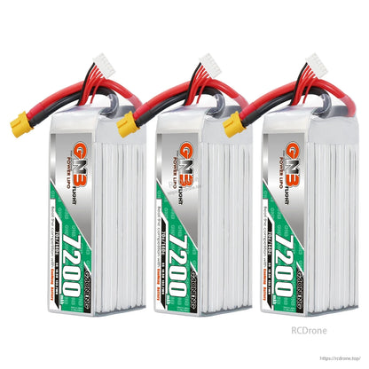 Three GNB 7200mAh LiPo batteries shown upright with XT60 connectors and balance leads