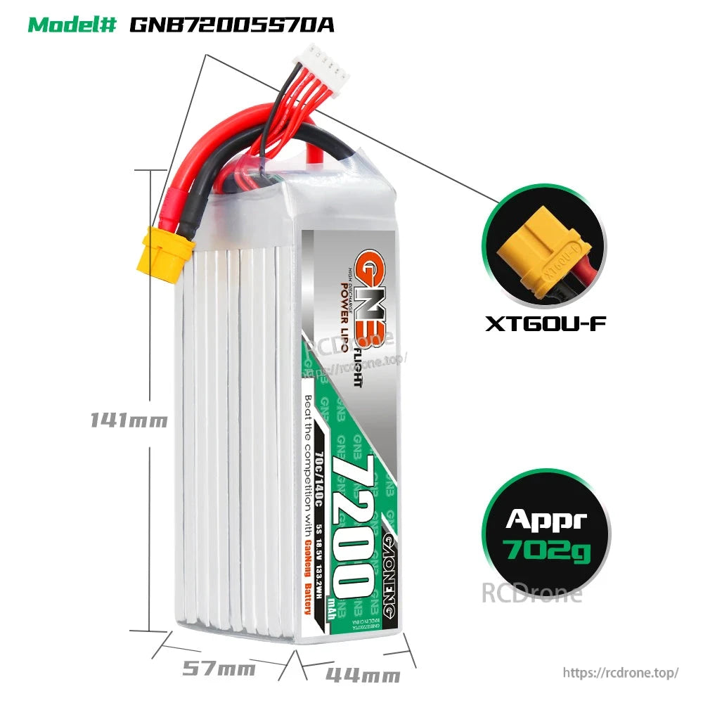 GNB72005S70A LiPo battery dimensions 141×57×44mm with XT60U-F connector callout