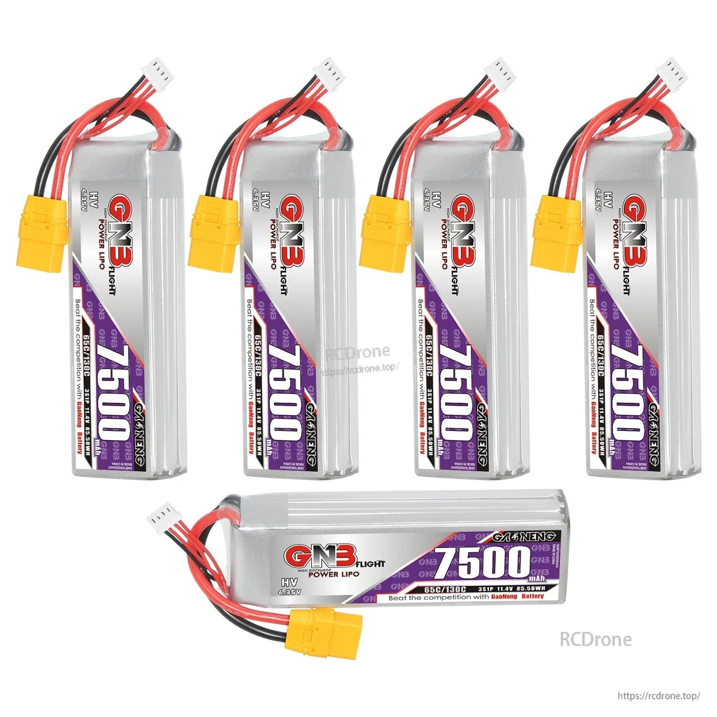 Bundle display: four upright GNB 7500mAh batteries plus one battery shown lying flat