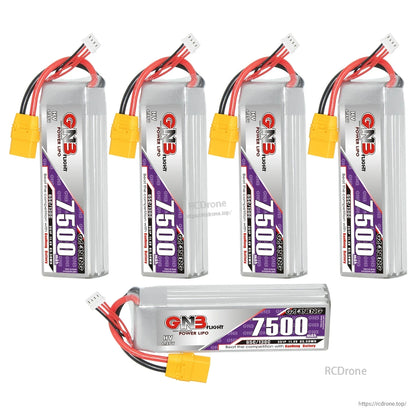 Bundle display: four upright GNB 7500mAh batteries plus one battery shown lying flat