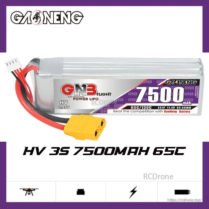 GAONENG GNB 3S 7500mAh 65C LiHV LiPo battery product graphic with key spec text