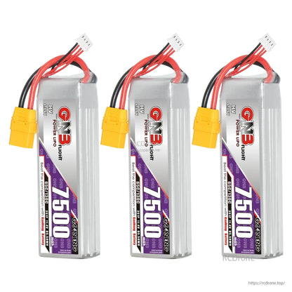 Three GNB 7500mAh LiHV LiPo batteries shown upright with XT90 connectors and balance leads
