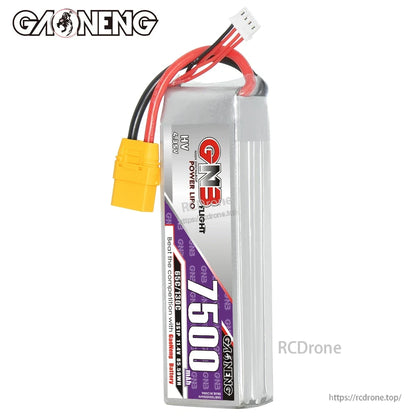 Side view of GNB 7500mAh LiHV battery showing slim pack profile, wires and XT90 connector