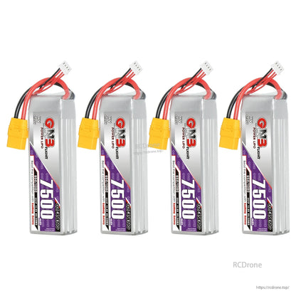 Four GNB 7500mAh LiHV LiPo batteries shown upright with yellow XT90 connectors