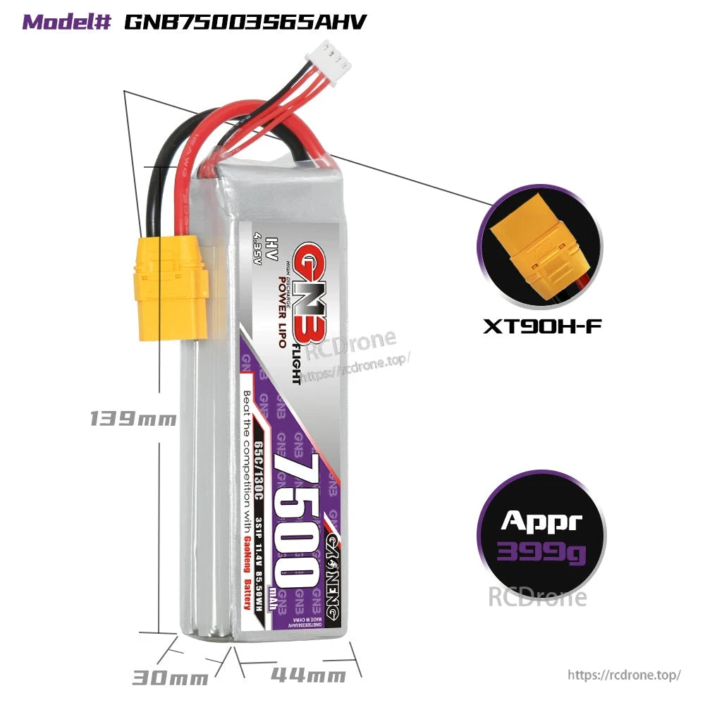 GNB75003S65AHV battery size diagram with dimensions, XT90H-F connector callout and approx weight