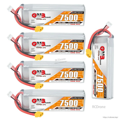 Five-pack display: four GNB 7500 batteries horizontal plus one vertical, all with XT60 leads