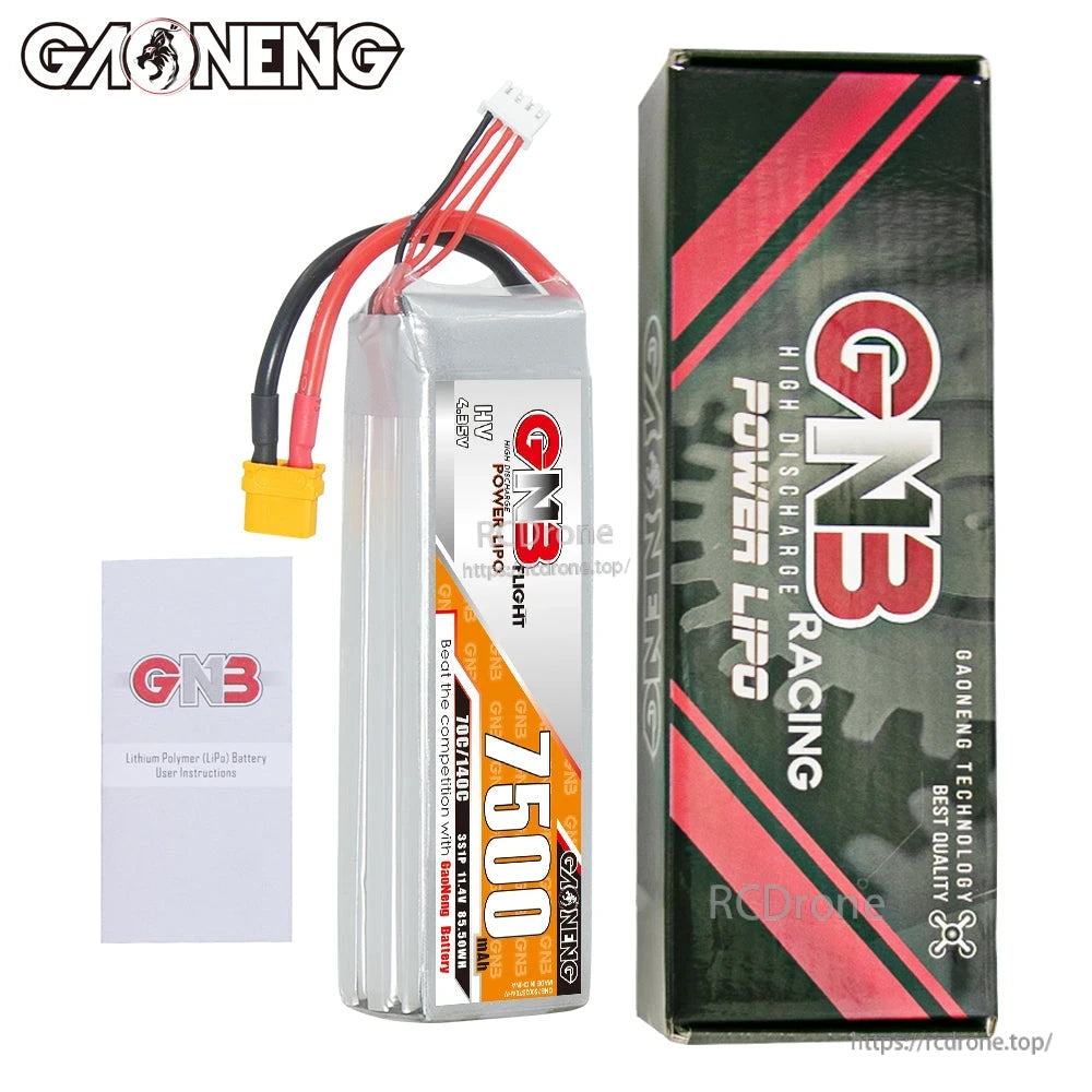 Package contents: GNB 7500 battery, GNB Racing Power LiPo box, and user instructions leaflet