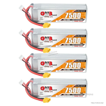 Four GNB 7500mAh LiPo batteries stacked vertically with balance leads and XT60 plugs