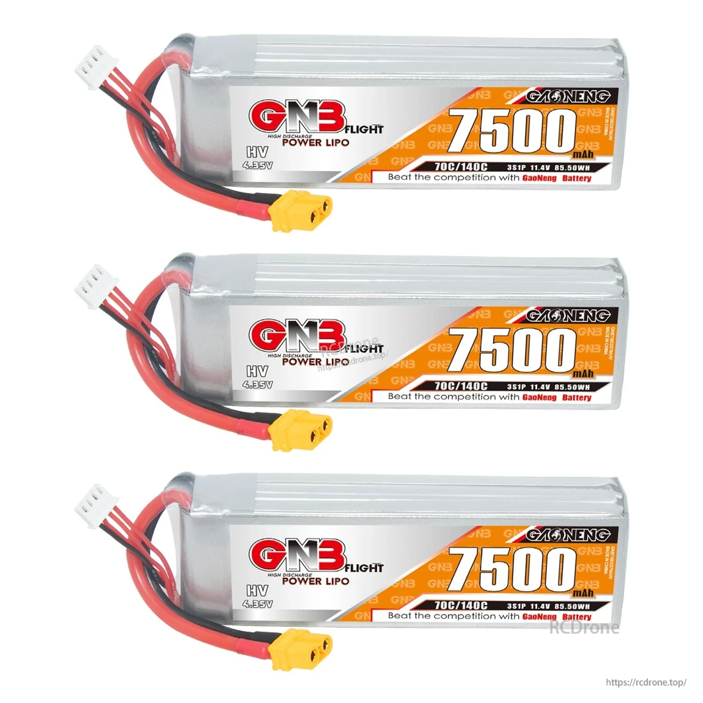Three GNB 7500mAh LiPo packs lineup with labels facing, XT60 connectors visible