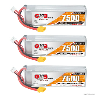 Three GNB 7500mAh LiPo packs lineup with labels facing, XT60 connectors visible