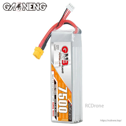Side profile of GAONENG GNB 7500 battery showing label strip and attached XT60 lead