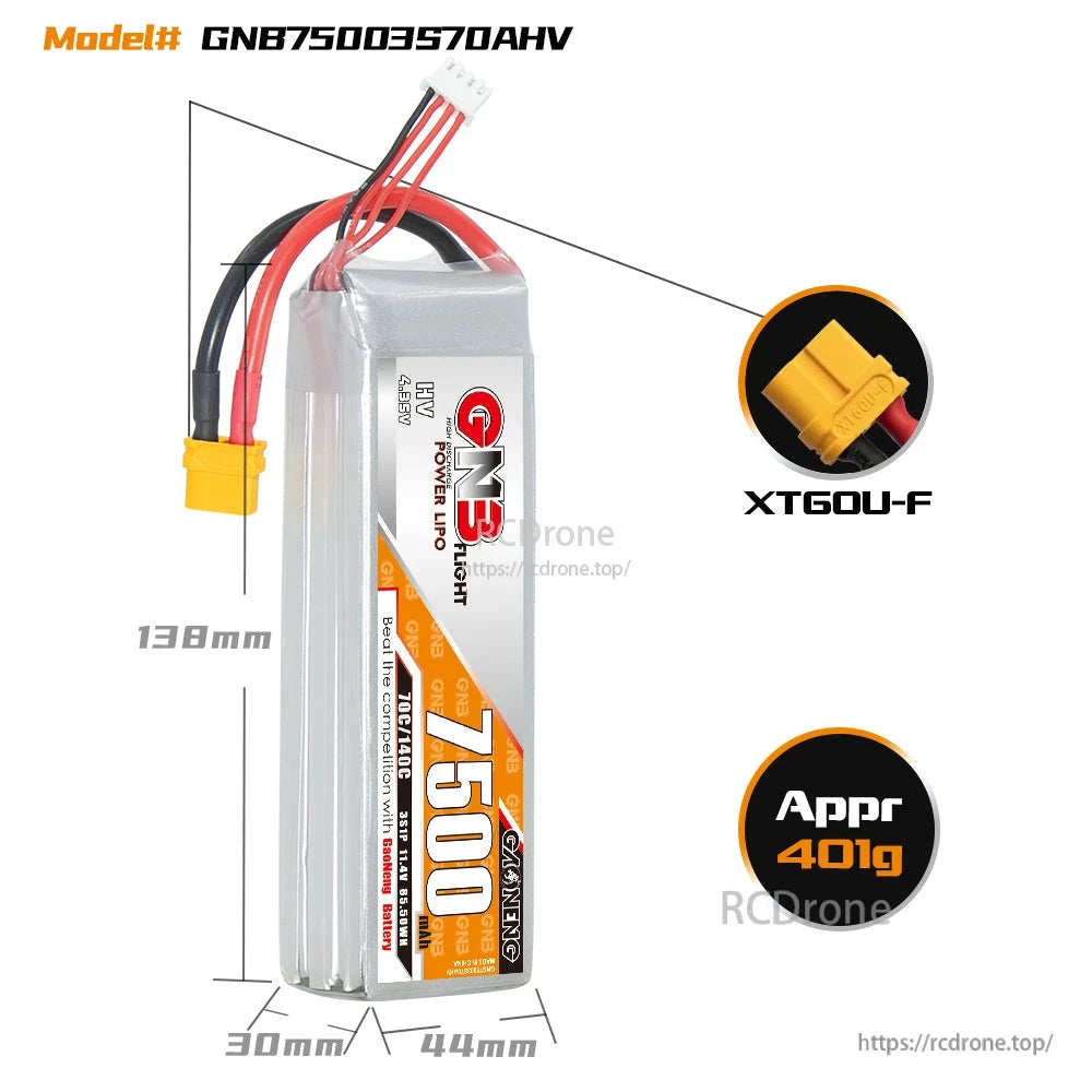 GNB75003S70AHV battery dimensions graphic with XT60U-F plug and approx 401g weight callout