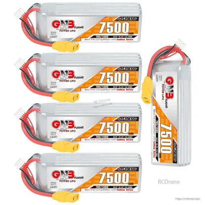 Four horizontal GNB 7500mAh LiPo batteries plus one standing battery, XT90 plugs shown