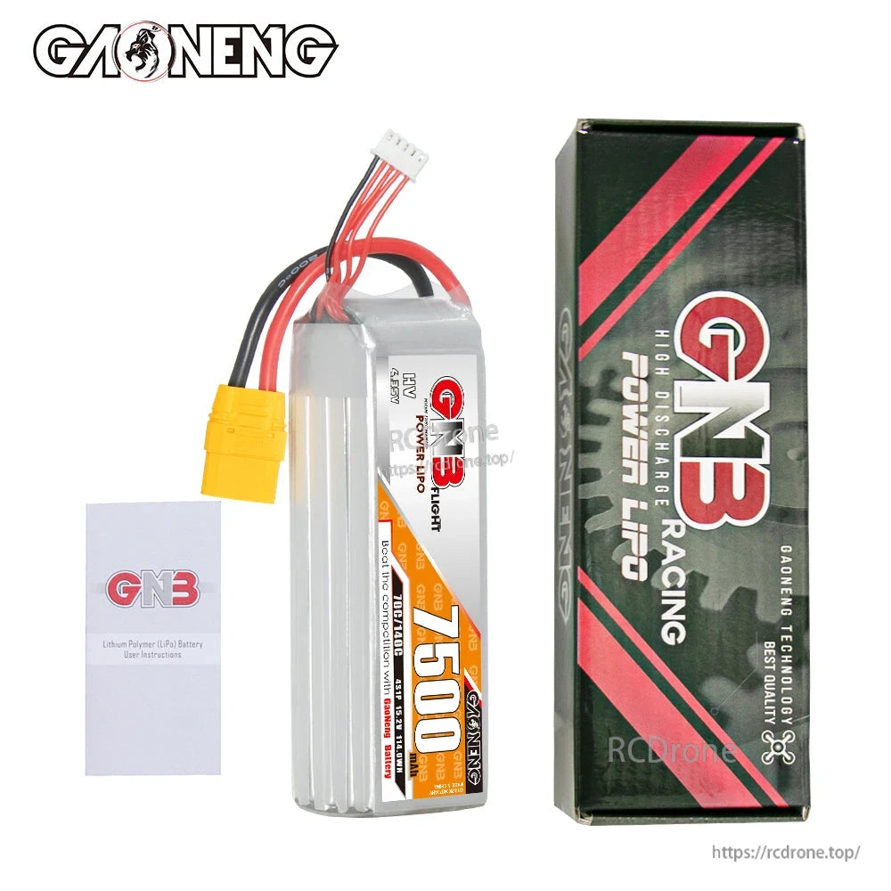 Package contents: GNB 7500mAh LiPo battery, retail box, and user instructions card