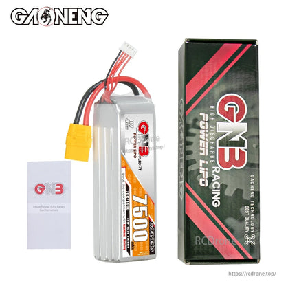 Package contents: GNB 7500mAh LiPo battery, retail box, and user instructions card