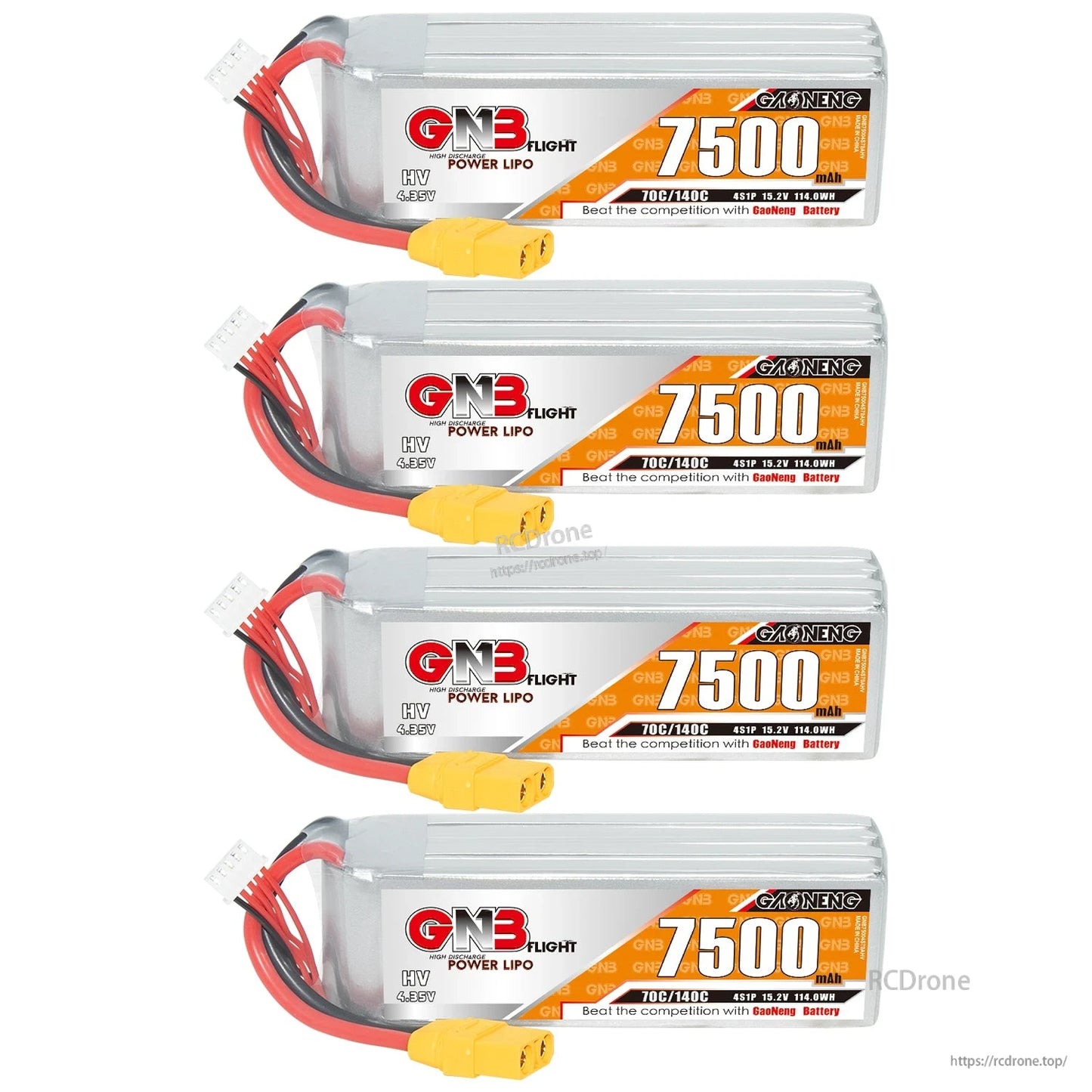 Four GNB HV 7500mAh LiPo batteries with XT90 connectors in a vertical stacked lineup