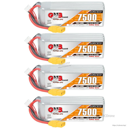 Four GNB HV 7500mAh LiPo batteries with XT90 connectors in a vertical stacked lineup