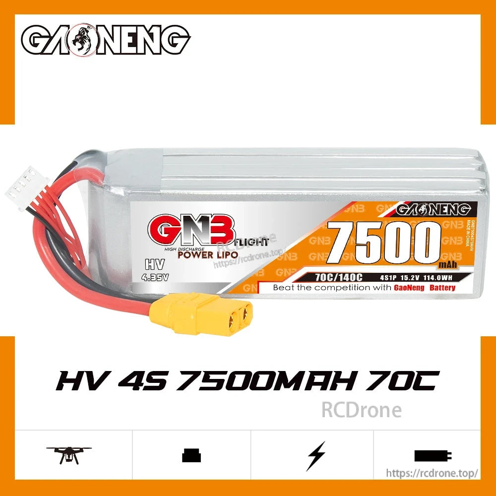 GAONENG GNB HV 4S 7500mAh 70C LiPo battery label view with XT90 plug visible