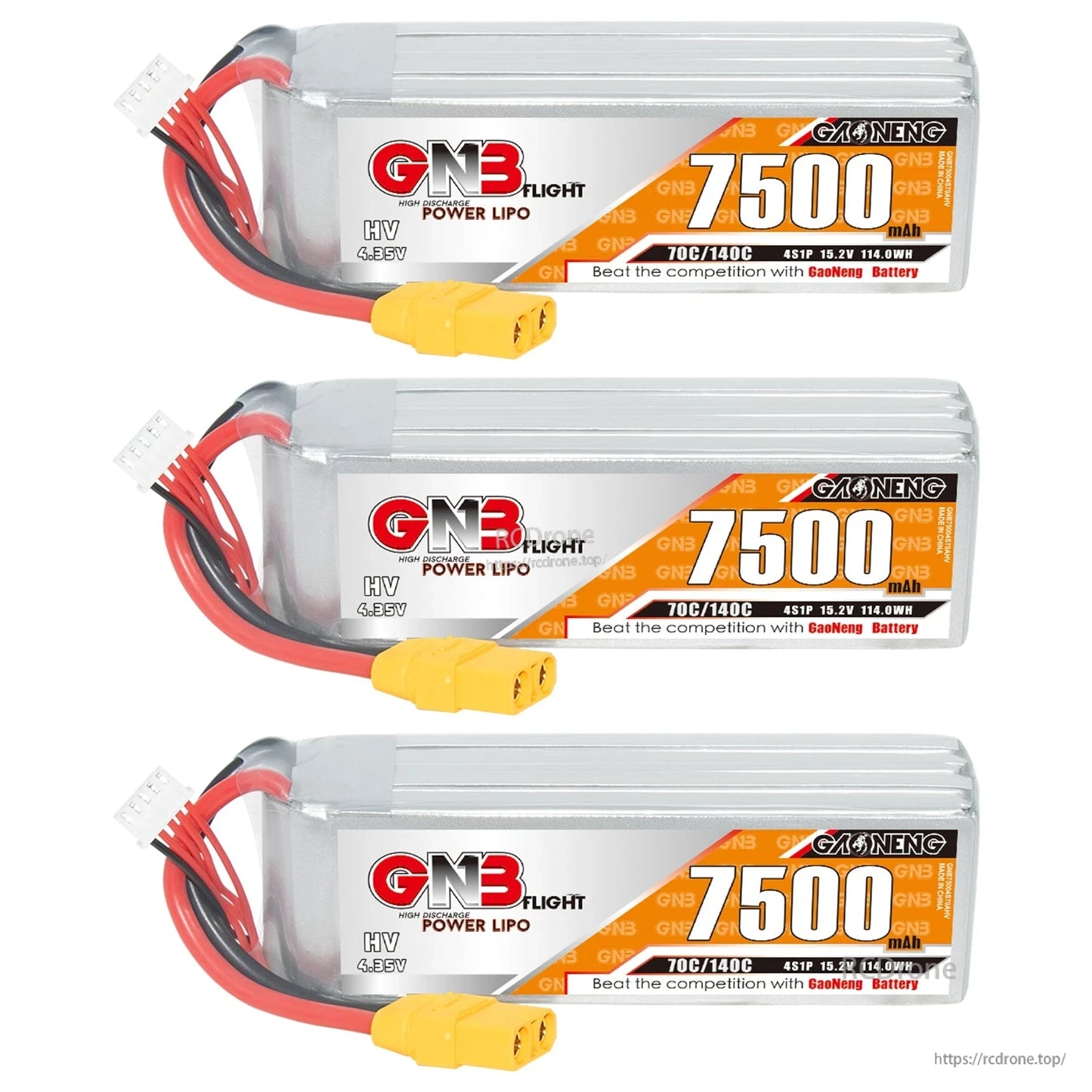 Three GNB HV 4S 7500mAh LiPo batteries with XT90 connectors, stacked horizontal view