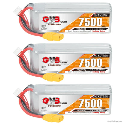 Three GNB HV 4S 7500mAh LiPo batteries with XT90 connectors, stacked horizontal view