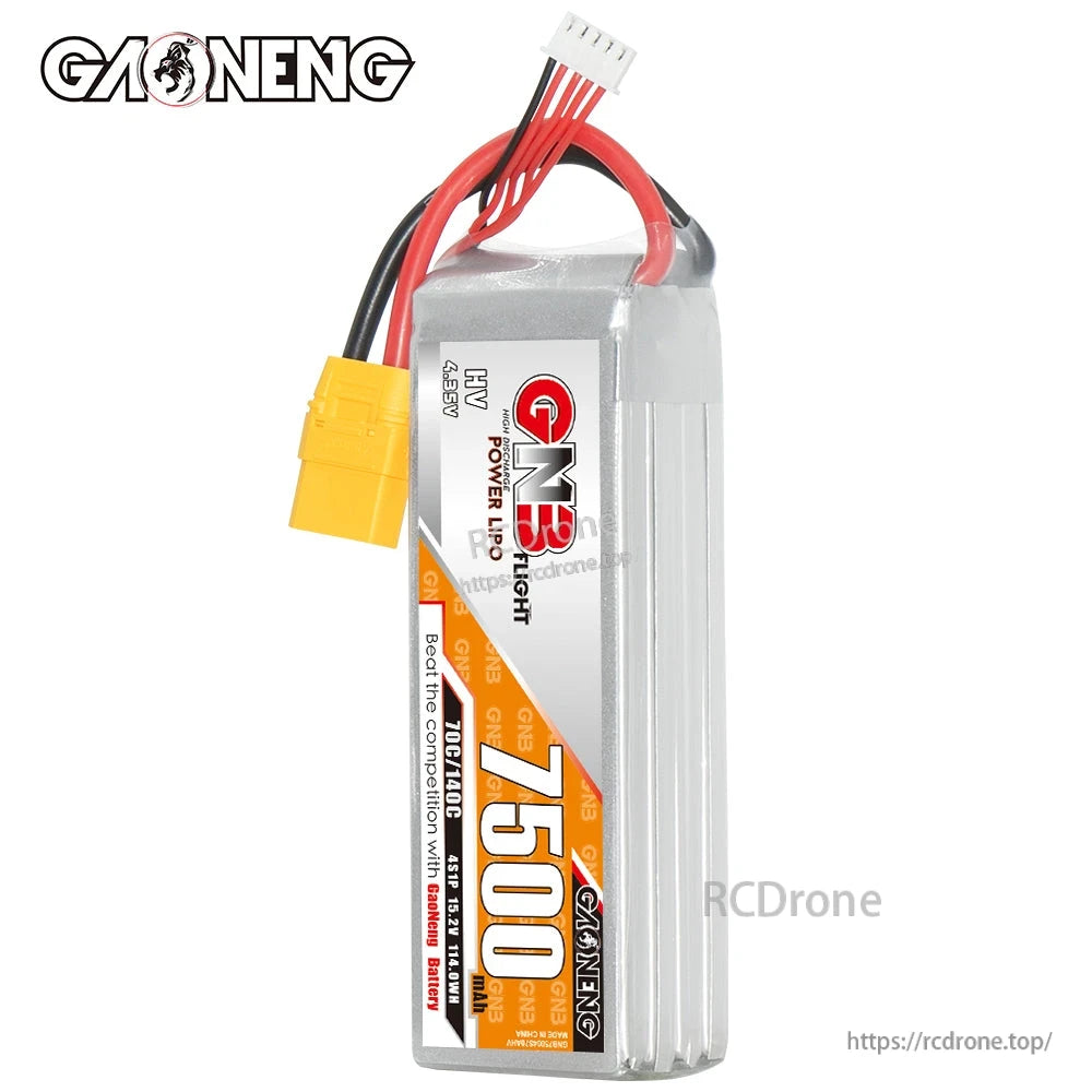 Side profile of GNB HV 7500mAh LiPo battery showing wires, balance plug, and XT90 connector