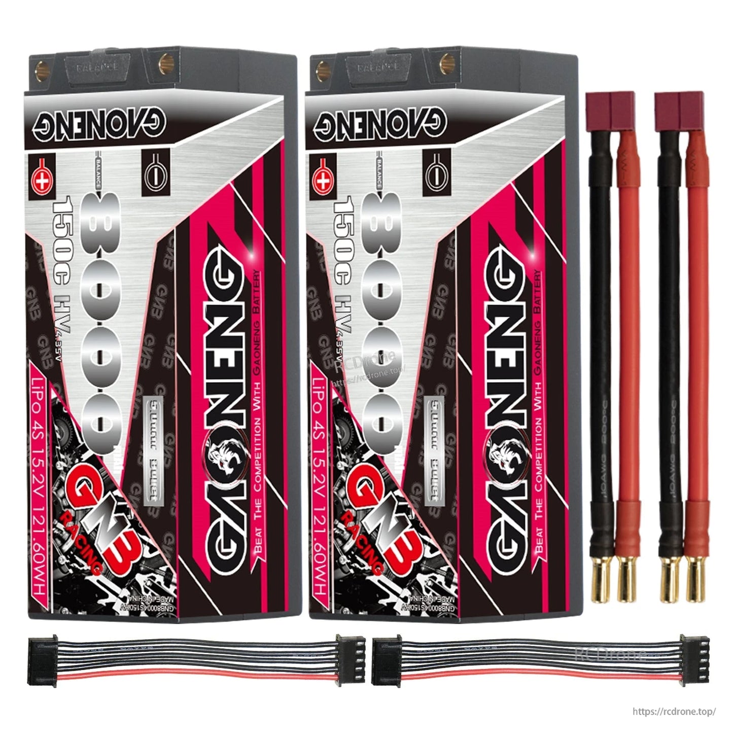 Two batteries with red Deans/T-style leads and two balance connector cables bundle set