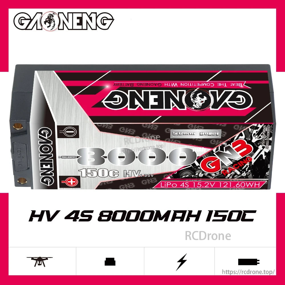 GAONENG GNB HV 4S 8000mAh 150C hard case LiPo battery product graphic, side profile view