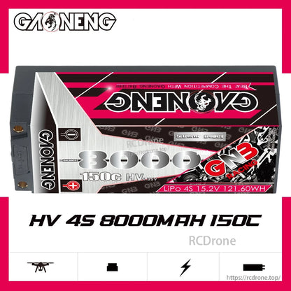 GAONENG GNB HV 4S 8000mAh 150C hard case LiPo battery product graphic, side profile view