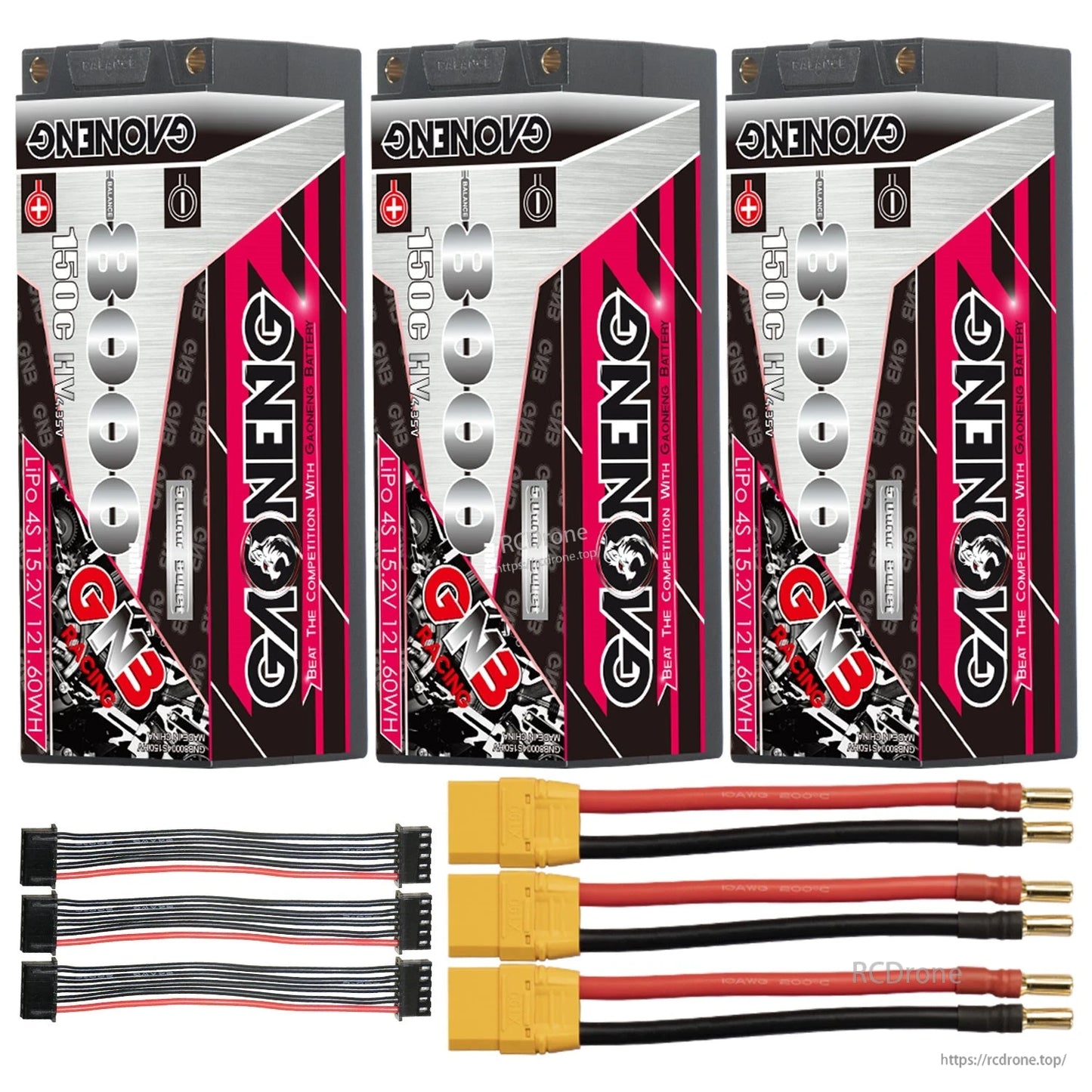 Three-pack bundle with yellow XT90-style power leads and three balance connector cables